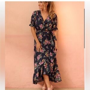 LC Lauren Conrad Floral Waffle Wrap Tie Ruffle Maxi Dress Navy Blue 3XL Plus NWT